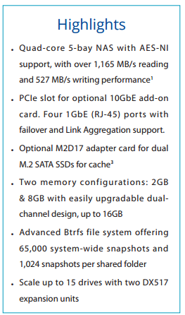 DS1517+ SPECS AND HARDWARE LIST SUMMARY