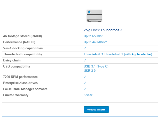LaCie 2big Dock with Thunderbolt 3 2-Bay RAID solution for Mac and Windows specs