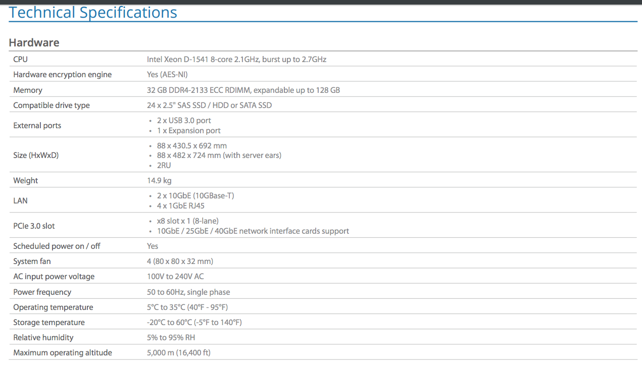 Technical Specs The Synology FS2017 Flash NAS for intensive 90K 4K Random Write IOPS, 10GBe, 25GBe, 40GBe and more