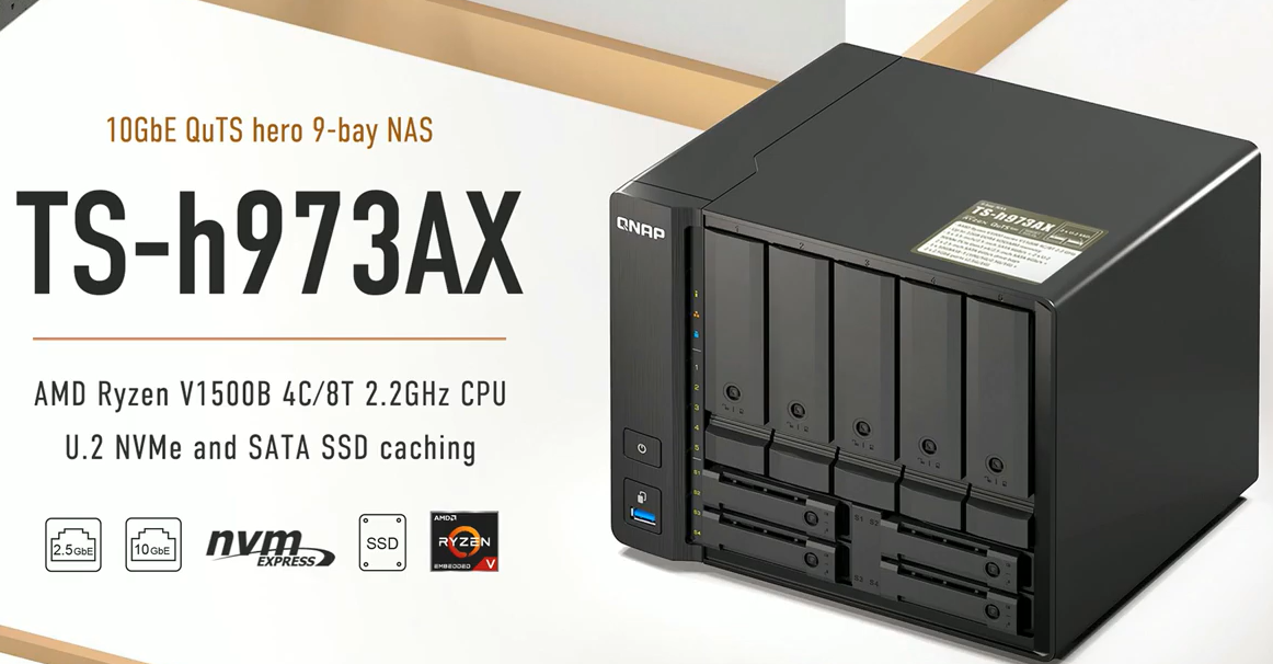 TS-h973AX 10GbE QuTS hero 5-bay (+4 SSD) NAS:AMD Ryzen V1500B 4C/8T 2.2GHz CPU, U.2 NVMe and SATA SSD caching