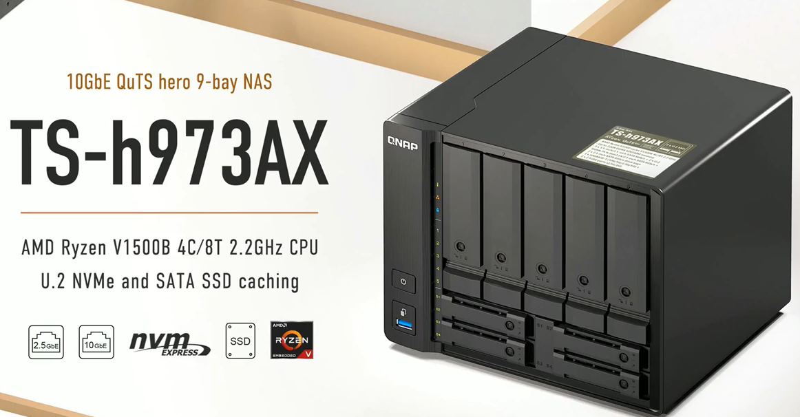 TS h973AX 10GbE QuTS hero 5 bay 4 SSD NAS AMD Ryzen V1500B 4C