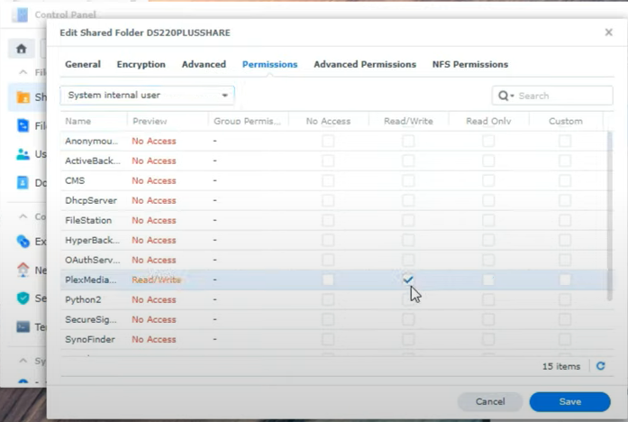 Nan not see the Plex folder I made – Synology Plex user missing in folder permissions