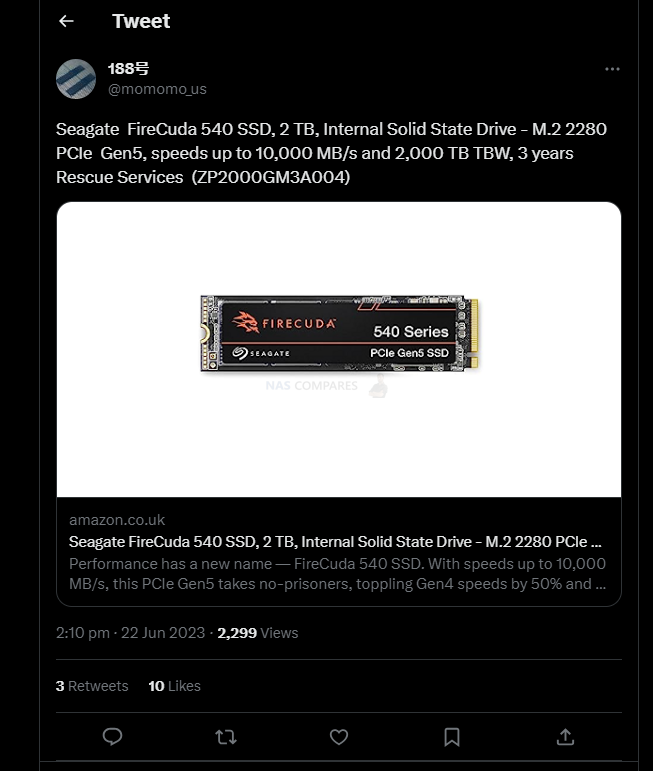 Seagate FireCuda 540 PCIe Gen5 NVMe M.2 2280 Up to 2TB SSD with 3D TLC NAND  - StorageNewsletter